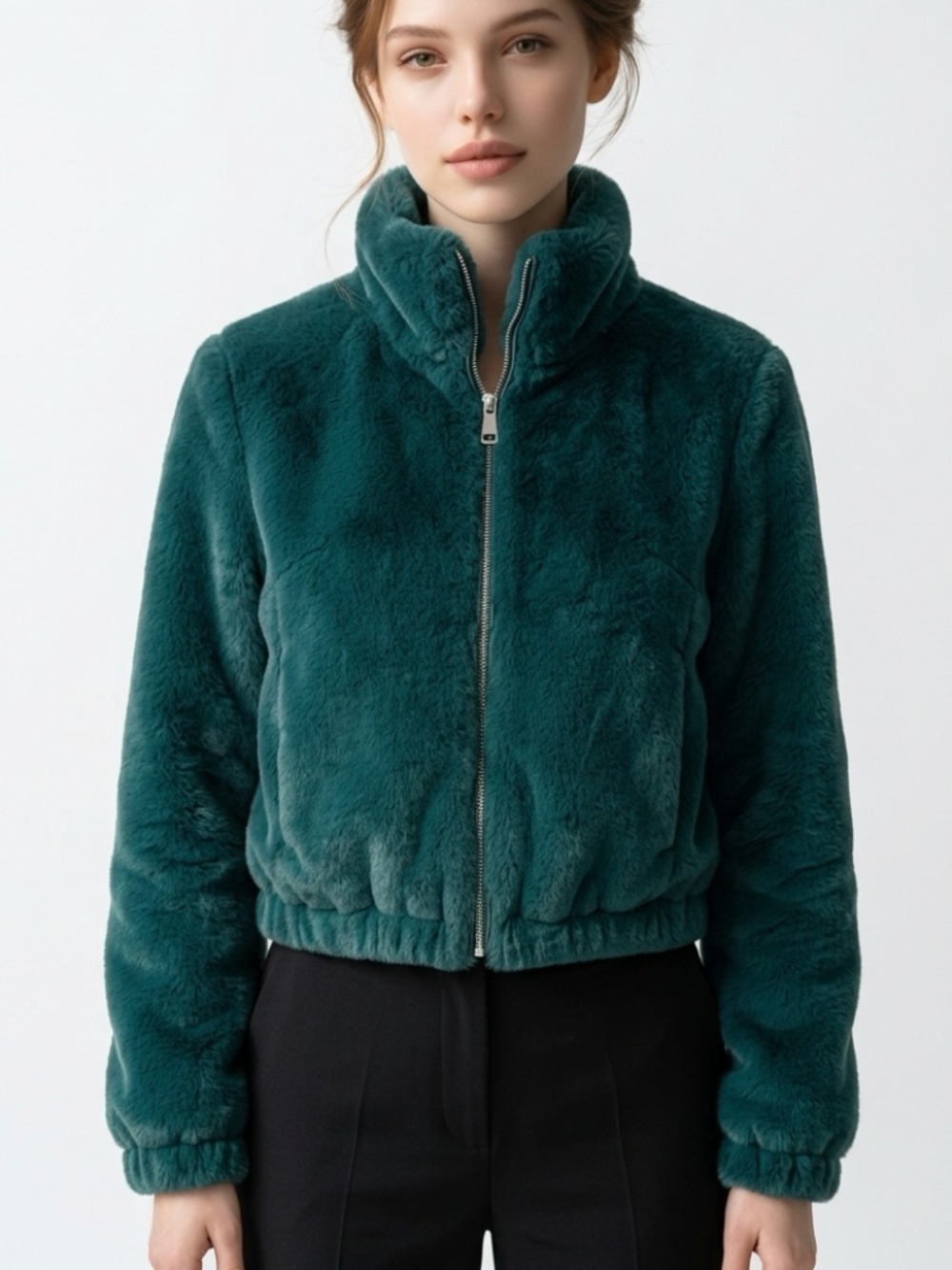 URBAN OUTFITTERS • Faux Fur Zip-Up Jacket Teal Green Plush Size Medium